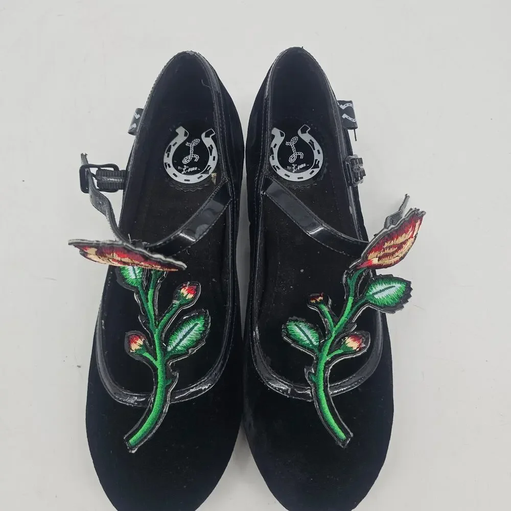 Miss L Fire Black Velvet Floral Embroidered Mary Jane Flats Ballet Shoe 37 6.5